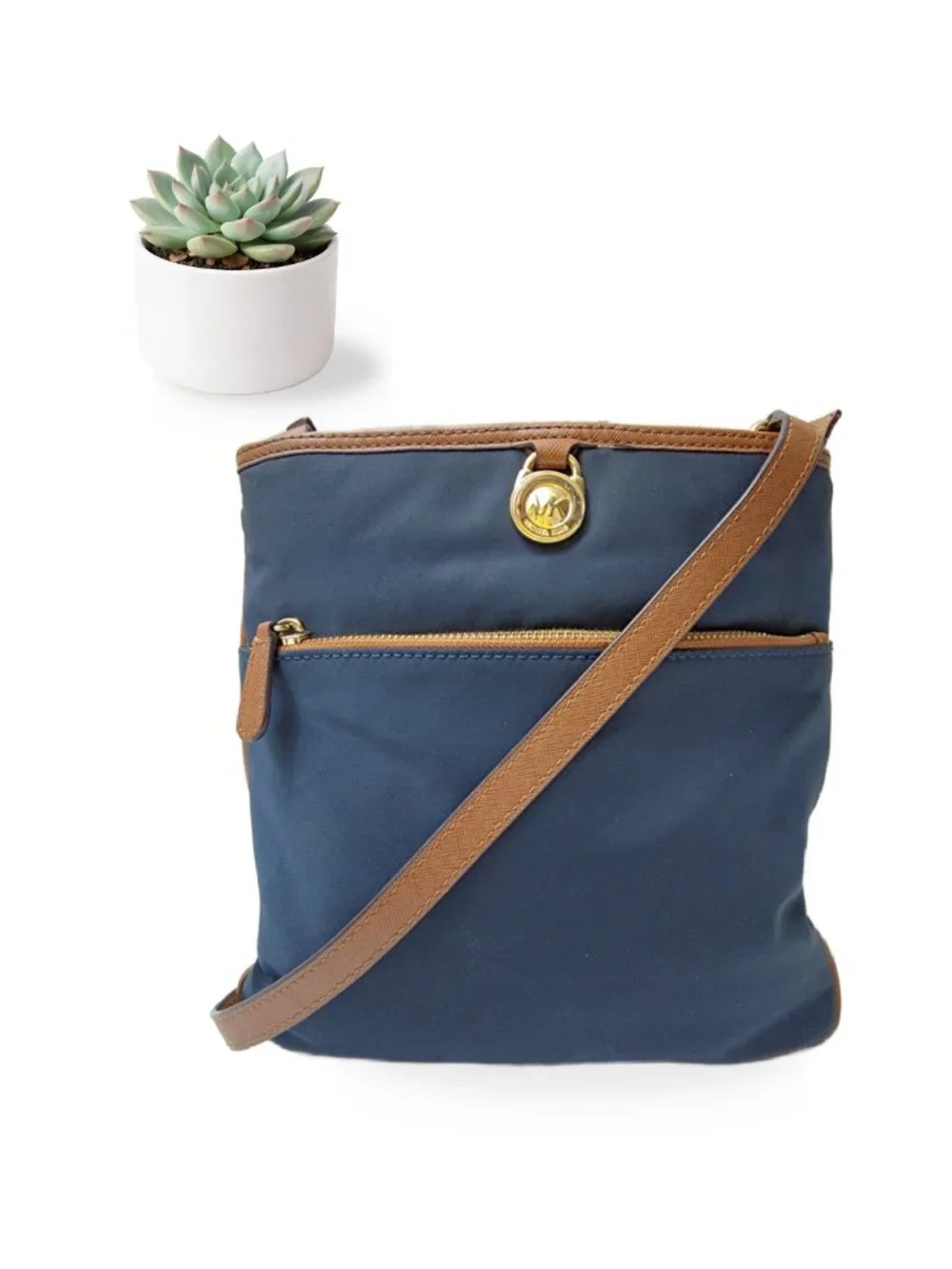 Michael Kors Kempton Navy Nylon Crossbody Bag Leather Trim Gold MK Medallion